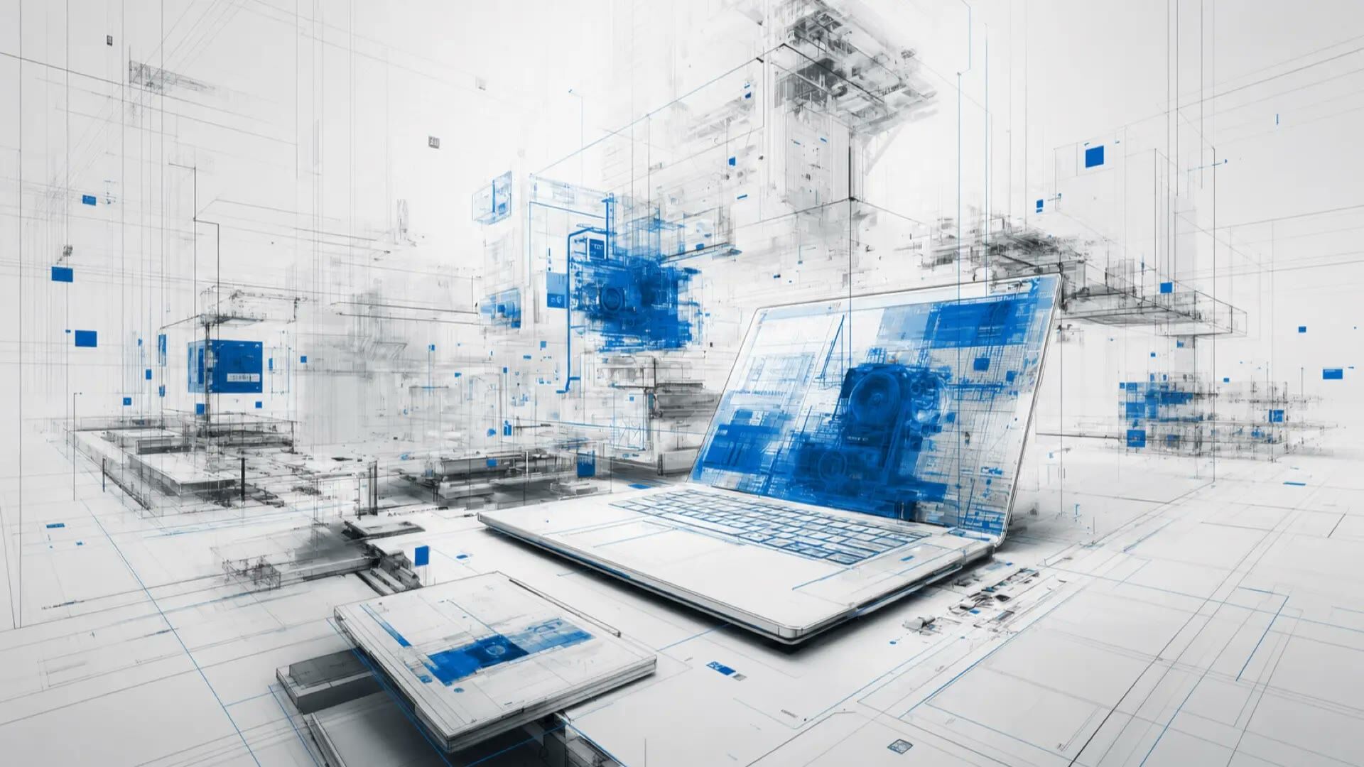 A laptop and a tablet amid blueprint-style digital system diagrams