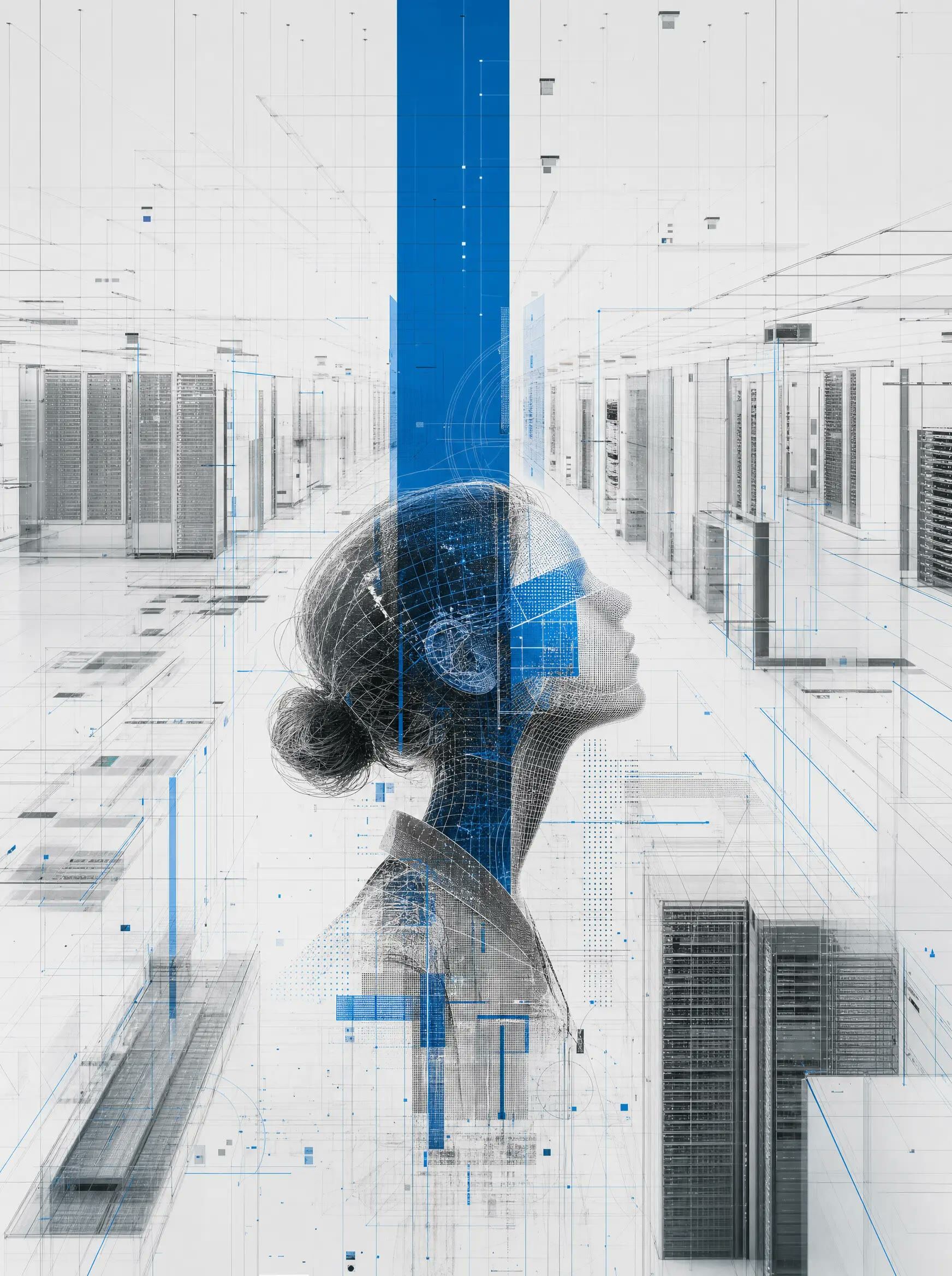 A woman in profile in a data centre aisle