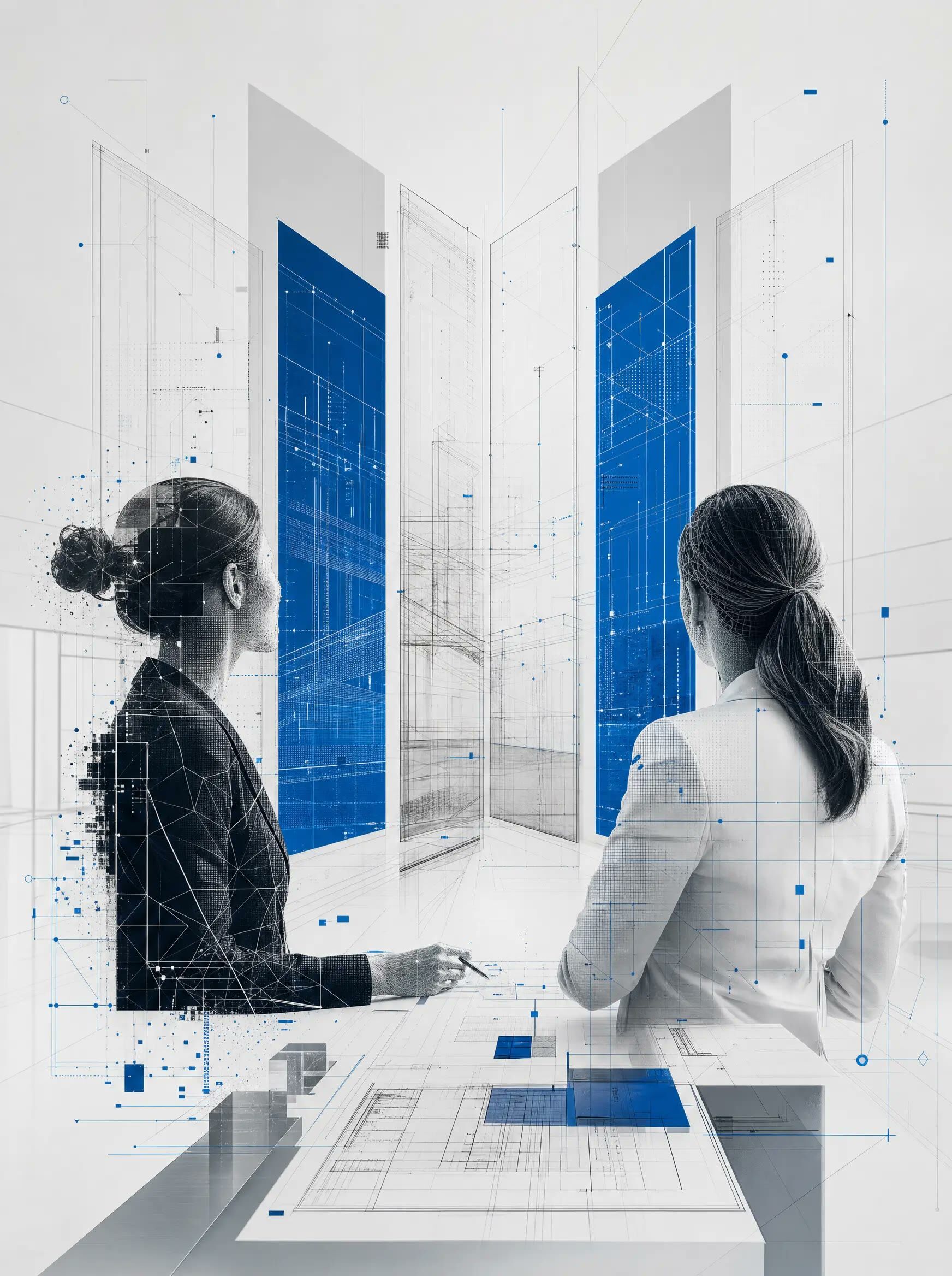 Two women at a planning table looking at digital displays
