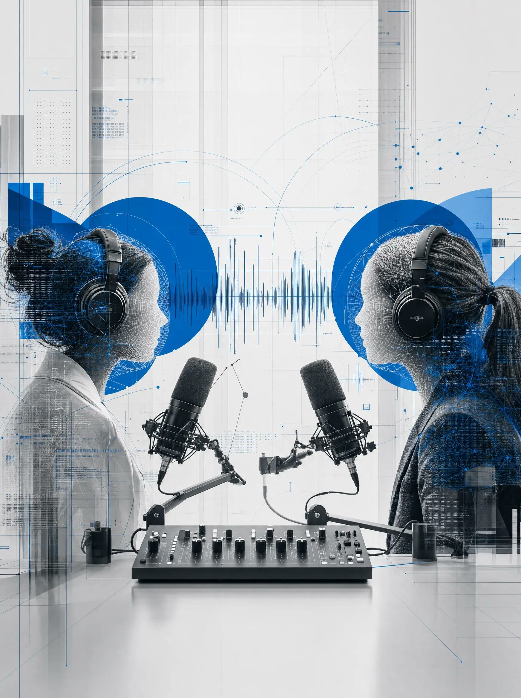 Two women in headphones recording a podcast