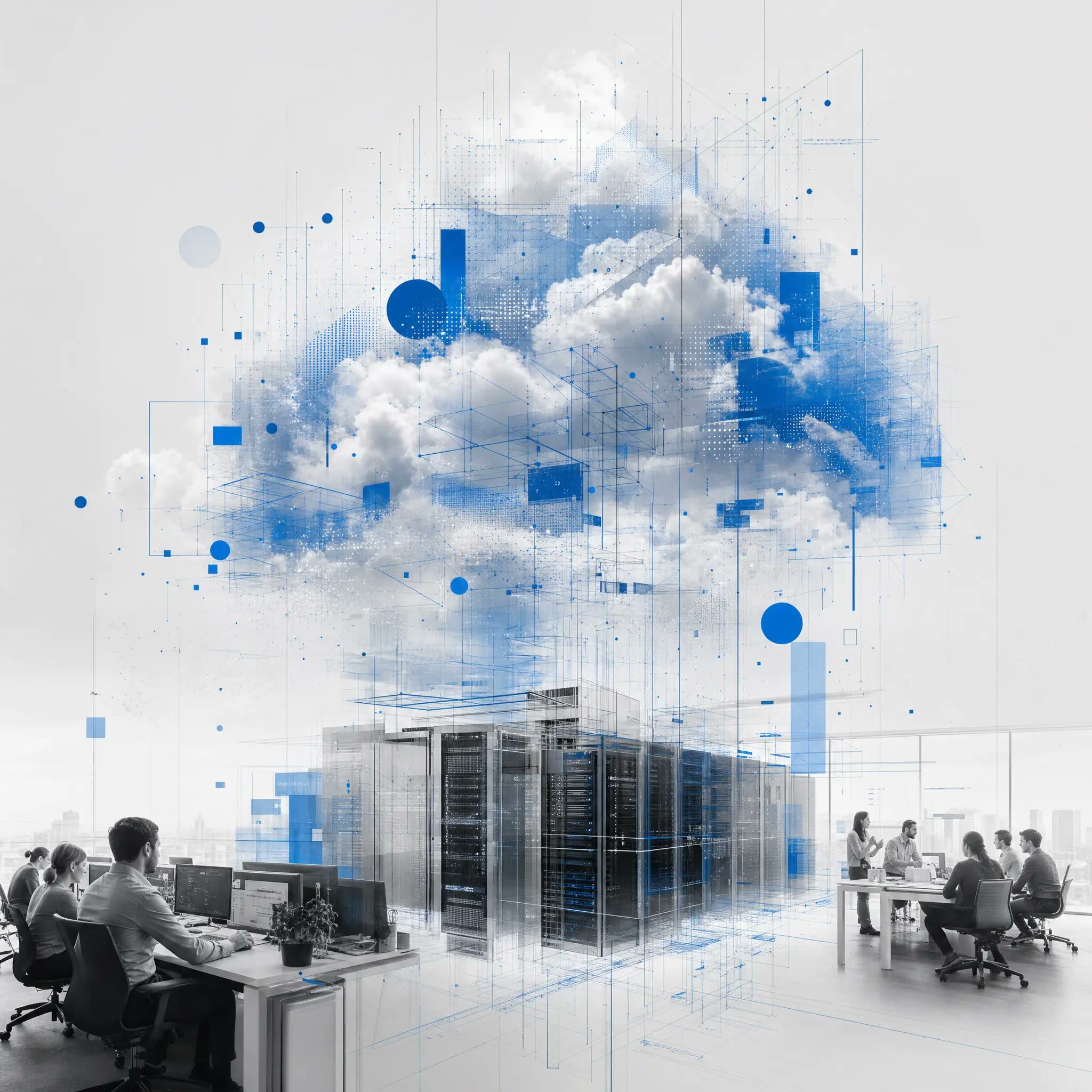A cloud above an office and a server room, symbolising cloud-based services