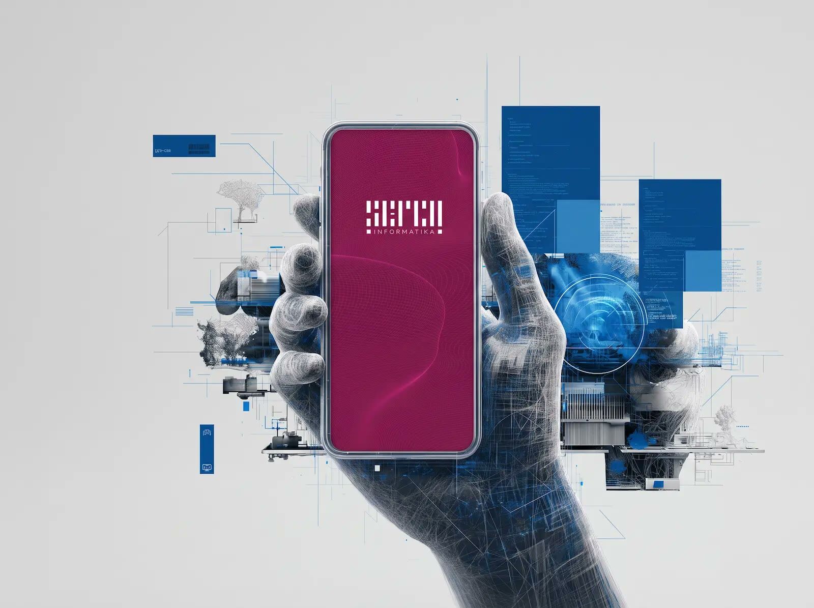 Kézben tartott okostelefon a SERCO Informatika logójával, digitális hálózati grafikák előtt